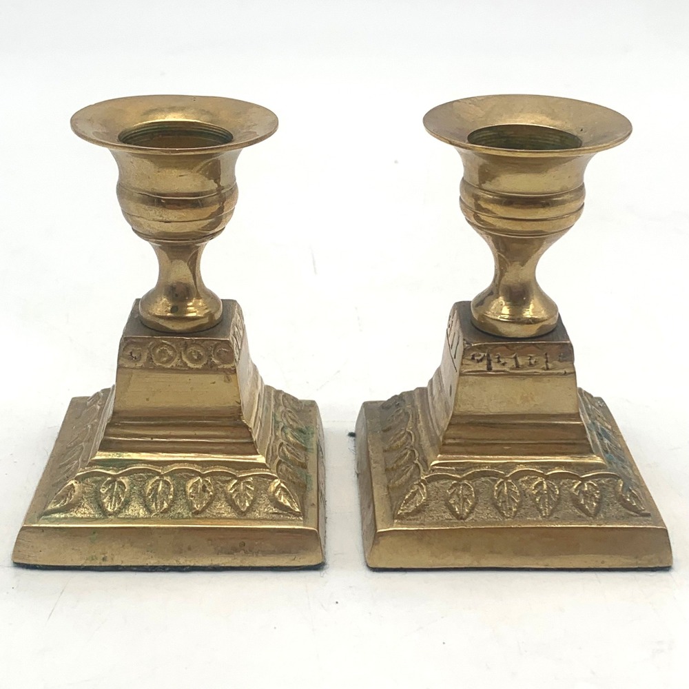 Vintage Brass Candlesticks Set of 2 Gold Square‎ Ornate Embossed Leaf Pedestal